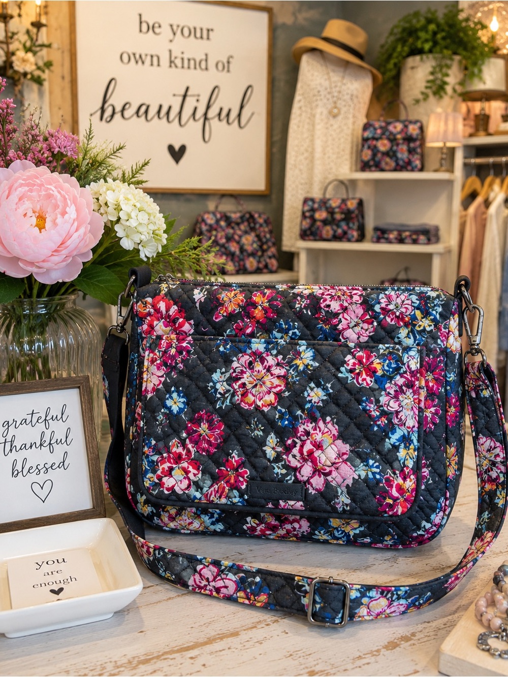 Vera Bradley Pretty Posies Quilted Organizer Shoulder Bag
